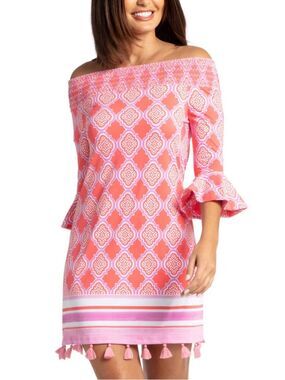 Cabana Life Dress L Womens Coral Pink Geo Off The Shoulder Tassel Ruffle